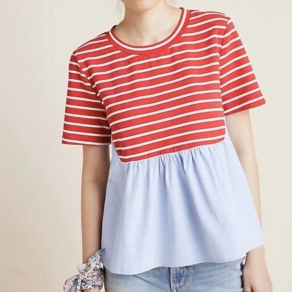 Anthropologie Red, White, and Chambray Peplum Top